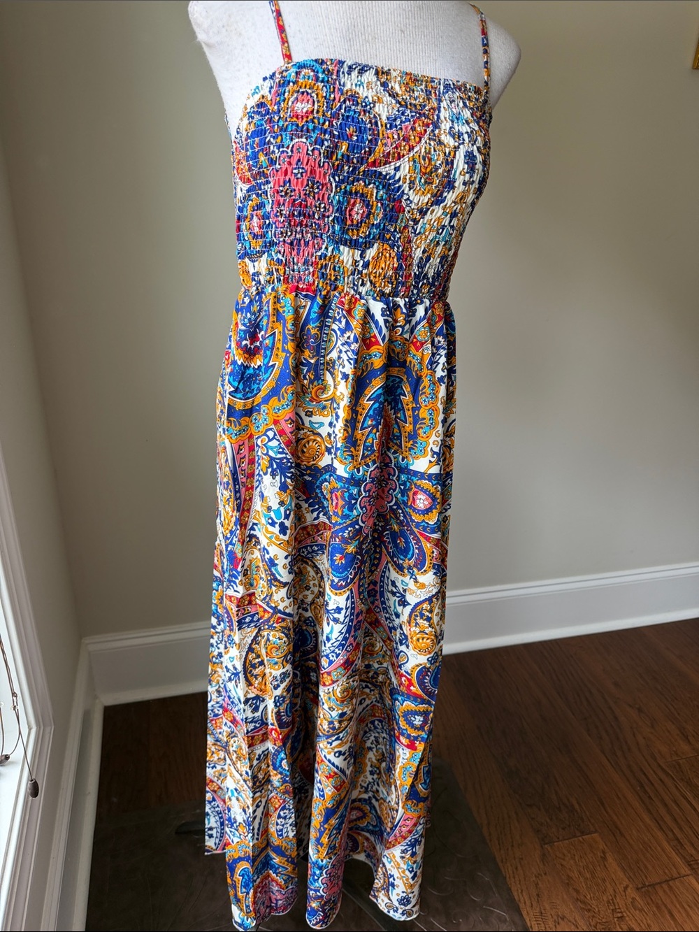Women’s Smocked Paisley Maxi Dress in Blue & Yellow
